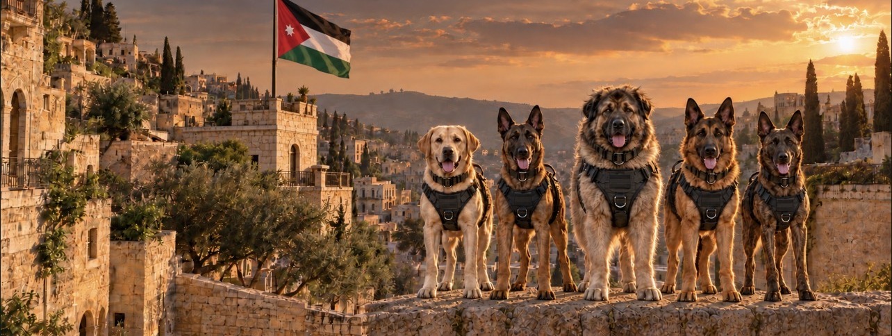 Five retired service dogs in harnesses standing on an old stone wall above Amman at sunset, with the Jordanian flag